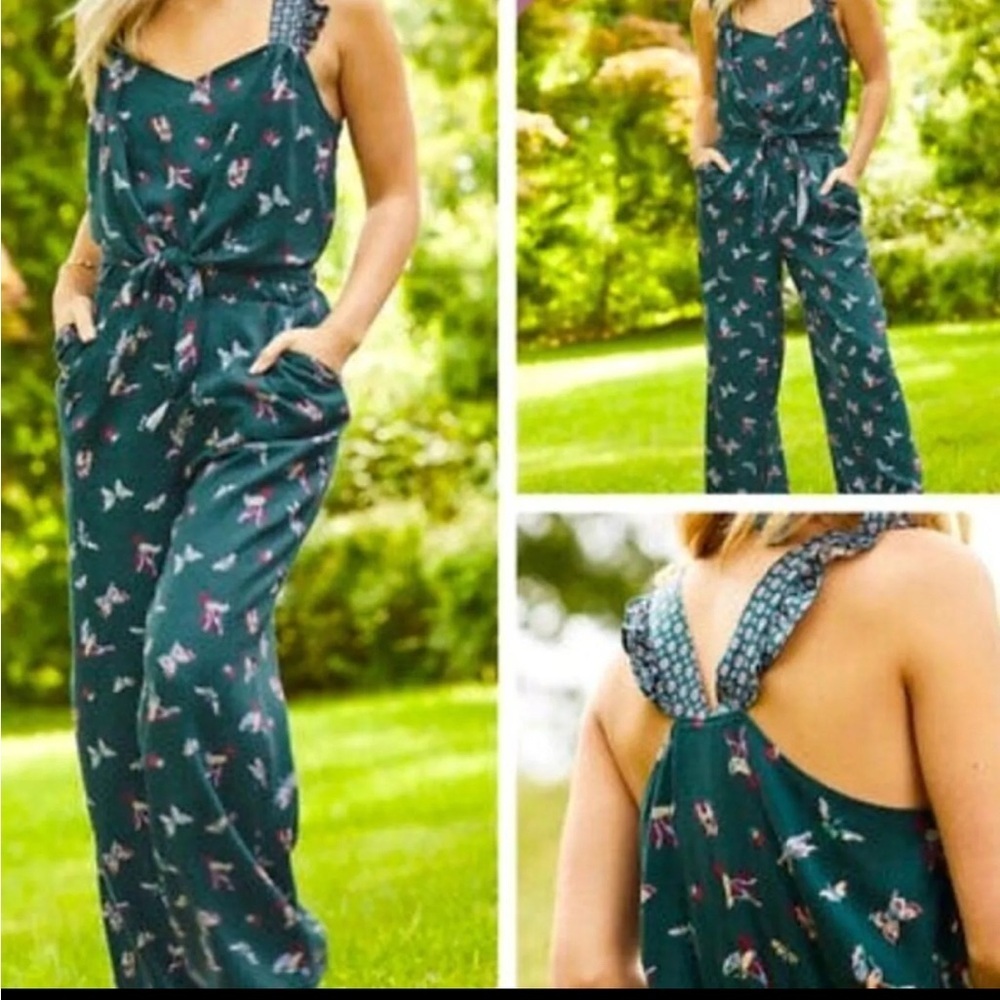 Matilda Jane Evergreen Dream Jumpsuit Small Green Pockets ruffle straps pants